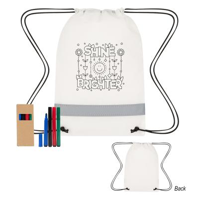 NP-066 REFLECTIVE NON-WOVEN COLORING DRAWSTRING BAG WITH 4 PIECE WASHABLE MARKER SET